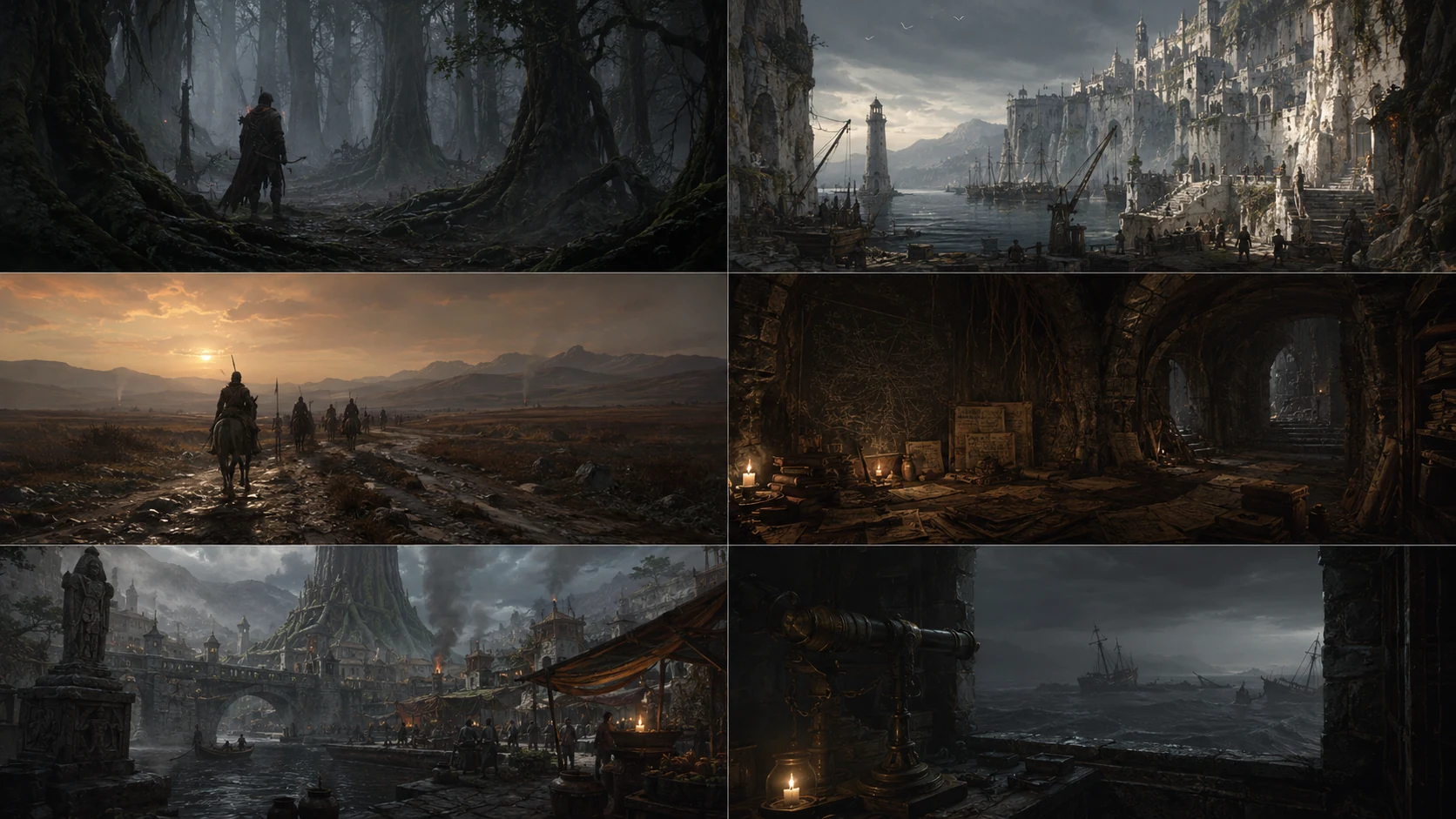 A six-panel visual storyboard showing forest, cliff city, plains road, archive, river market, and stormy sea watch scenes.
